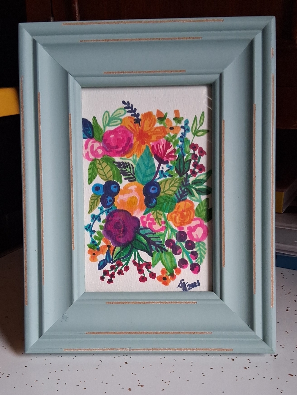 Hand-Painted Watercolor Floral in Light Blue Frame